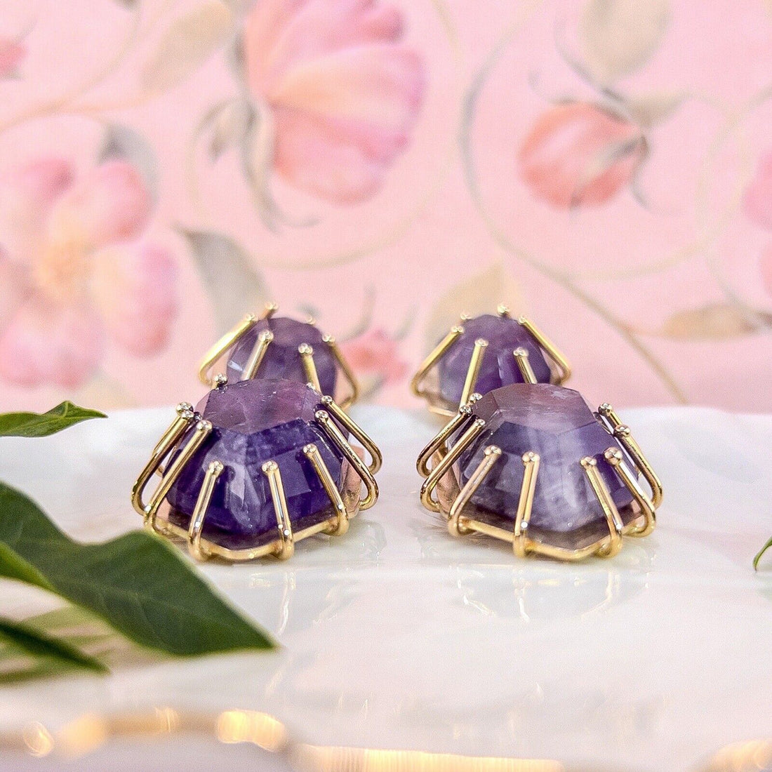 Solid 14k Yellow Gold Genuine Amethyst Modernist Custom Made Dangle Earrings 2”