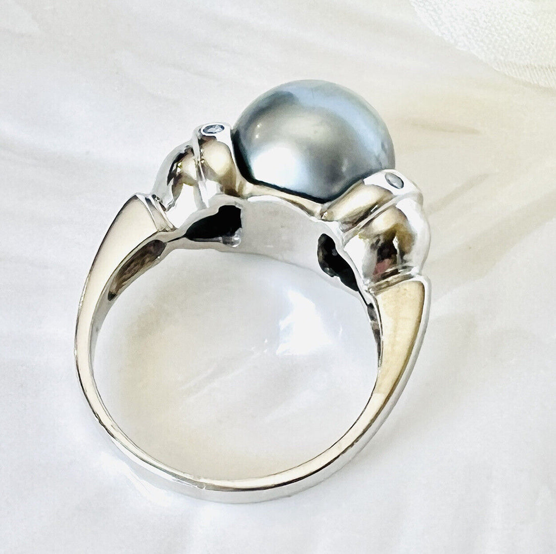 Top-Quality Tahitian Gray Pearl & Diamond Solid 14k White Gold Ring, New Sz. 7.5