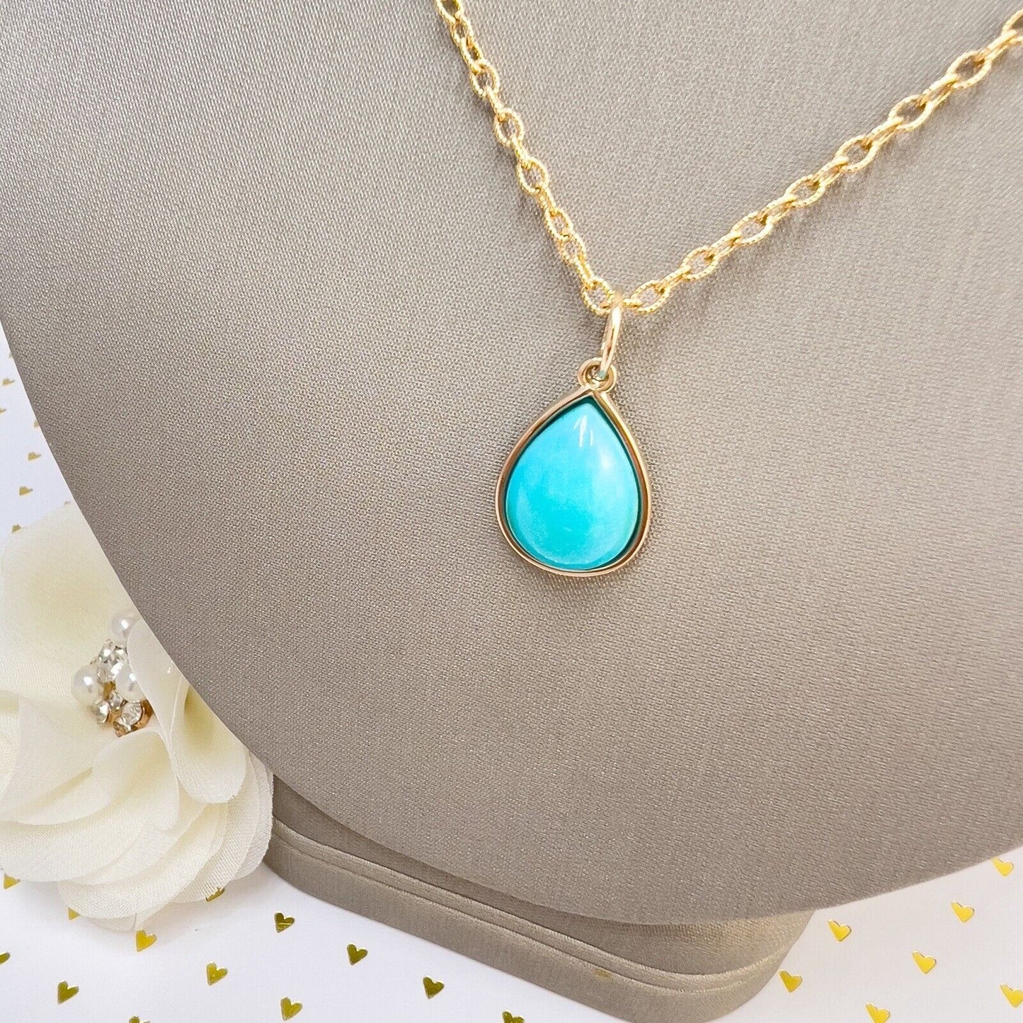 Natural Persian Turquoise 14k Yellow Gold Drop Pendant, Unisex, Handcrafted