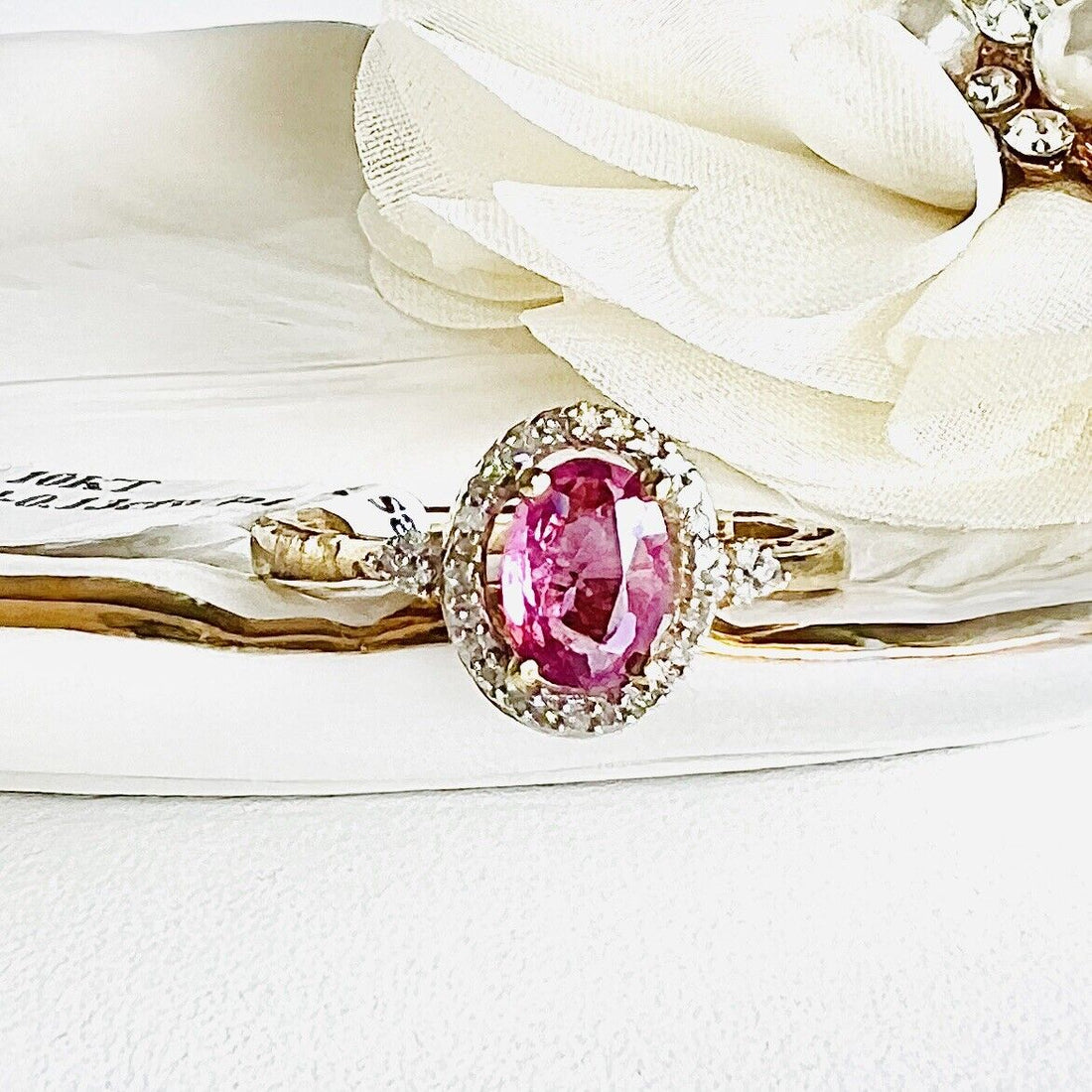 Solid 10k Yellow Gold Genuine Pink Sapphire & Diamonds Halo Ring, New, Size 7