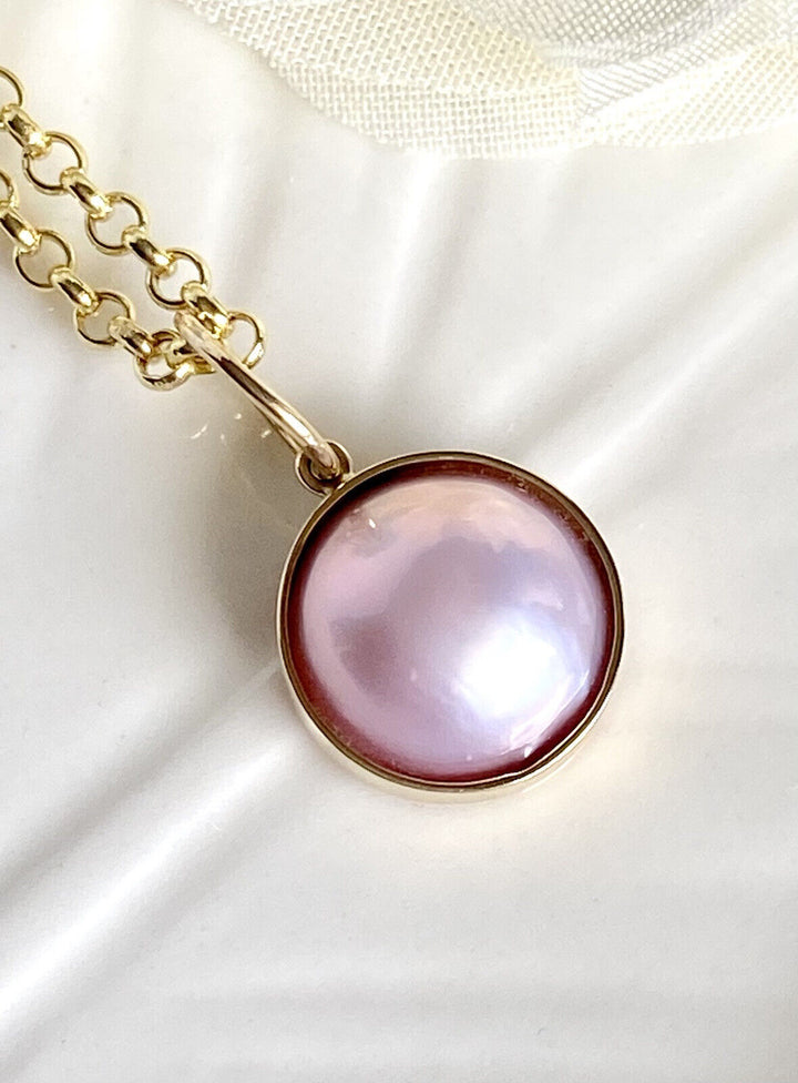 Genuine Pink Mabe Pearl (11mm) Solid 14K Yellow Gold Pendant, New