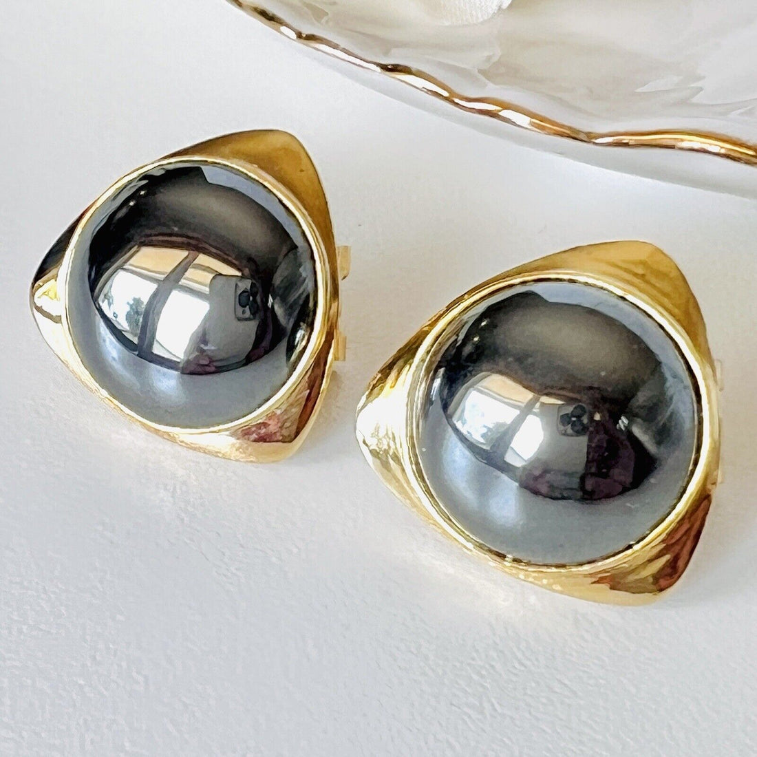 Sterling Vermeil Round Hematite Omega-Back Earrings, New