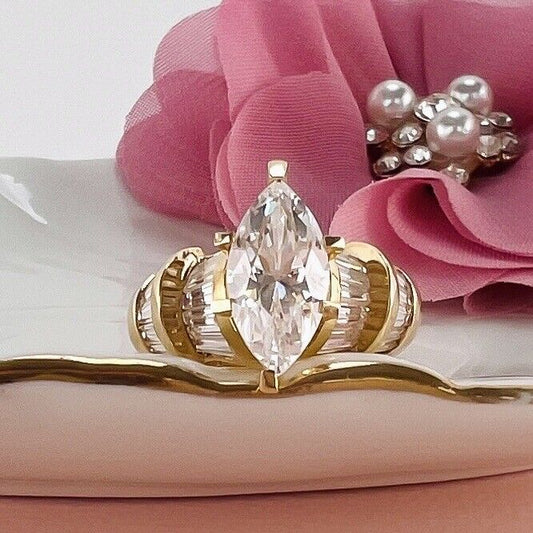 Solid 14k Yellow Gold Cubic Zirconia Cocktail Ring, Vintage Stock, Size 6.5