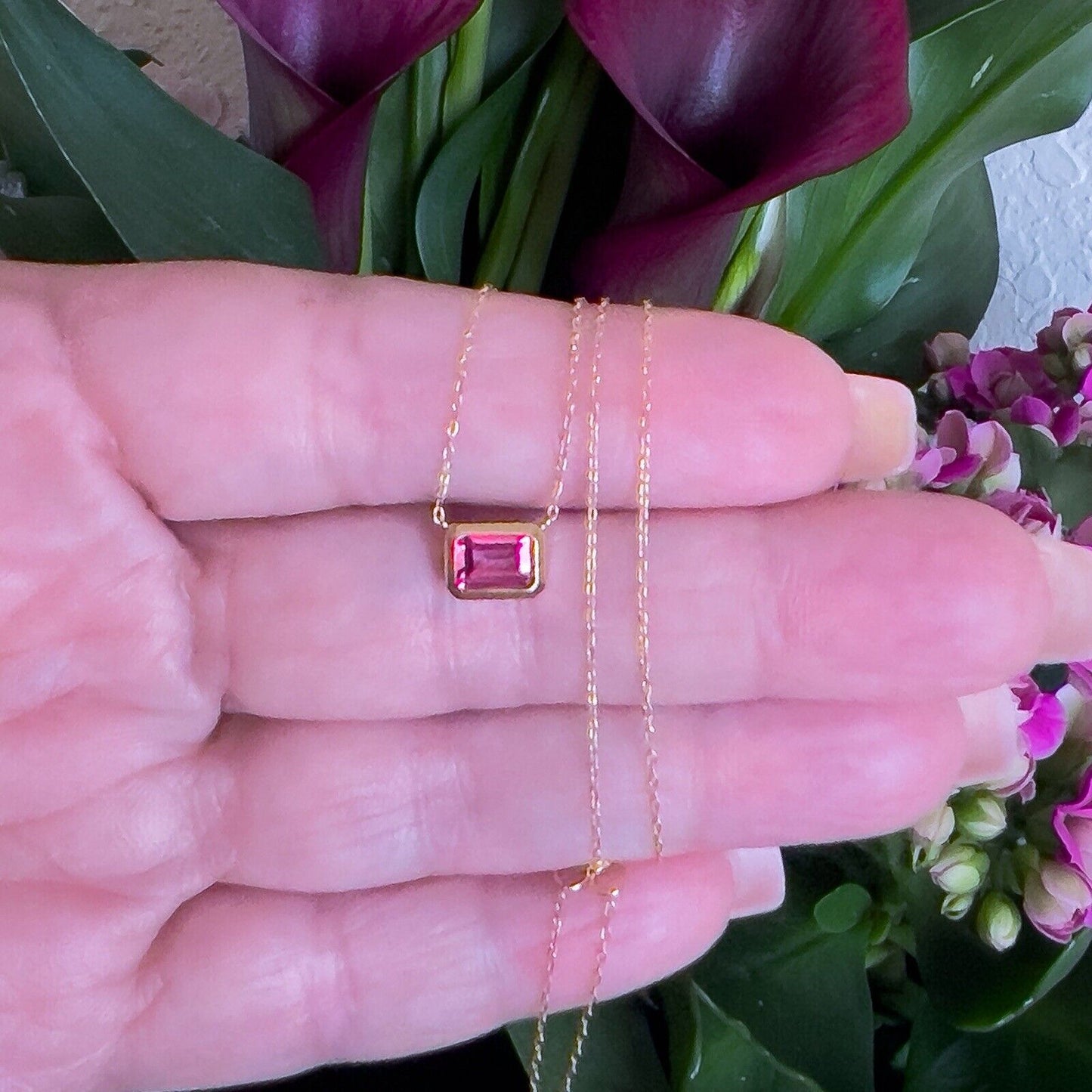 18k Yellow Gold Genuine Swiss Pink Topaz Pendant Necklace, New, Adjust. 16-18"