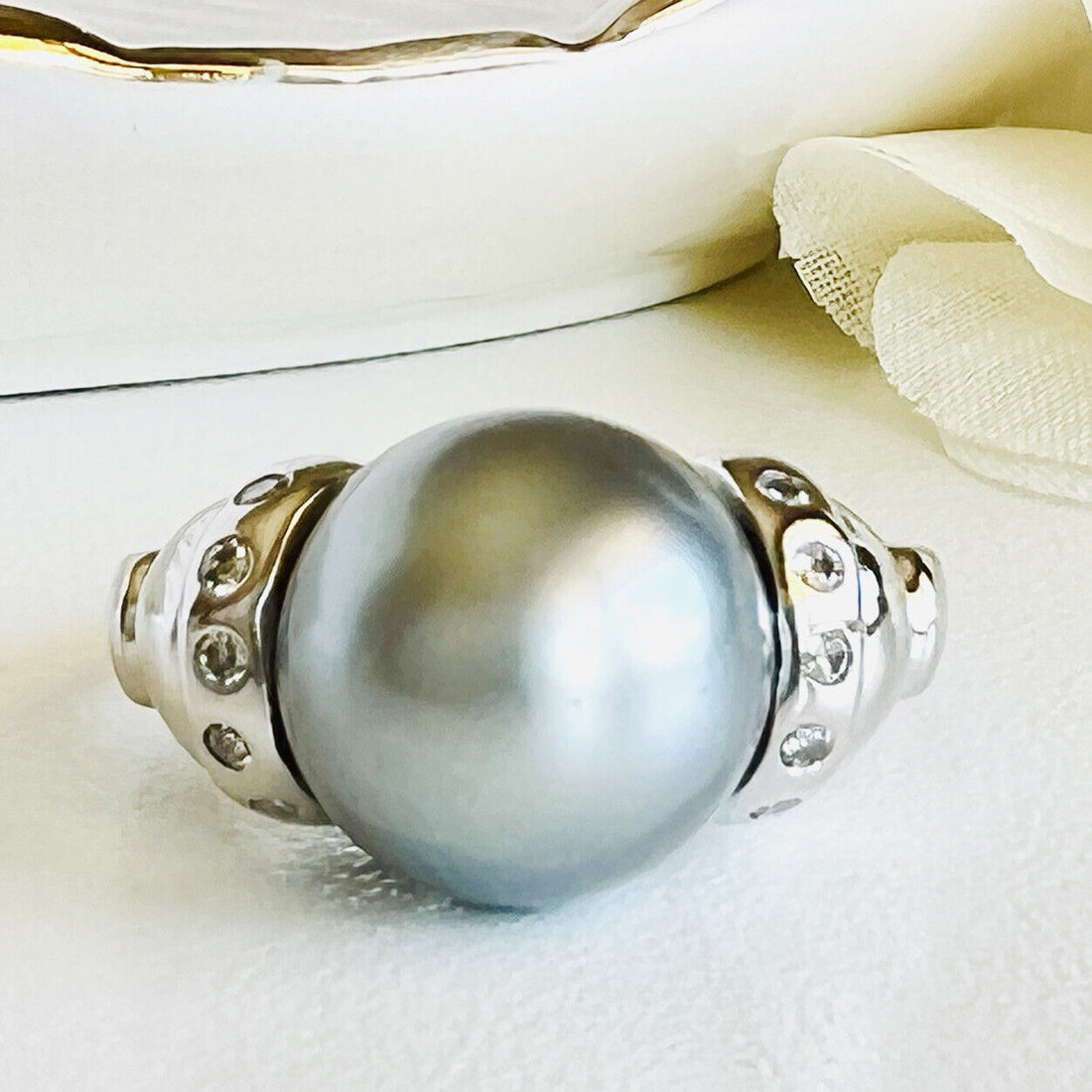 Top-Quality Tahitian Gray Pearl & Diamond Solid 14k White Gold Ring, New Sz. 7.5