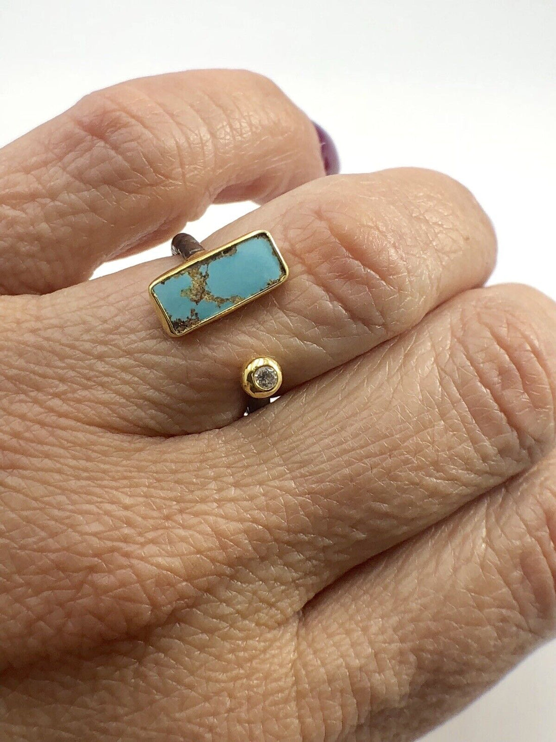 Designer Persian Turquoise & CZ Antiqued Sterling Silver & 22K Gold Ring #2