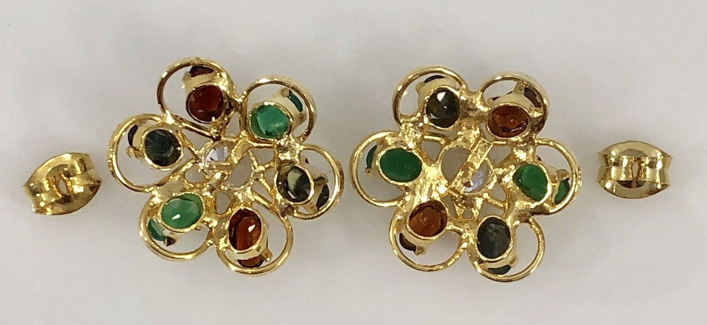 Genuine Multi-Gemstone Rosette Stud Earrings 18kt Yellow Gold Overlay, 3/4" New