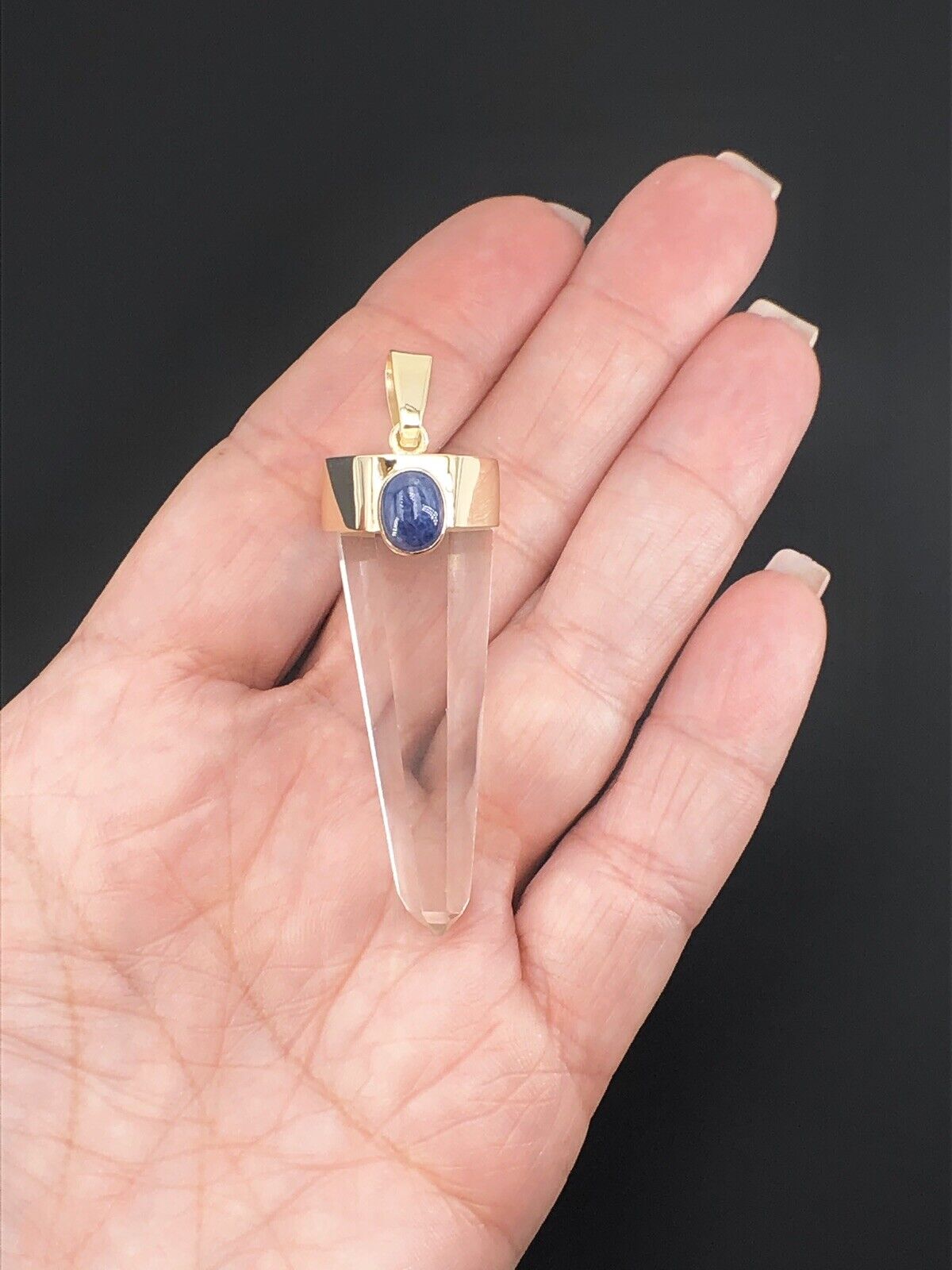 Unique 14k Gold Natural Quartz Point & Sapphire Pendant, 2.4", New