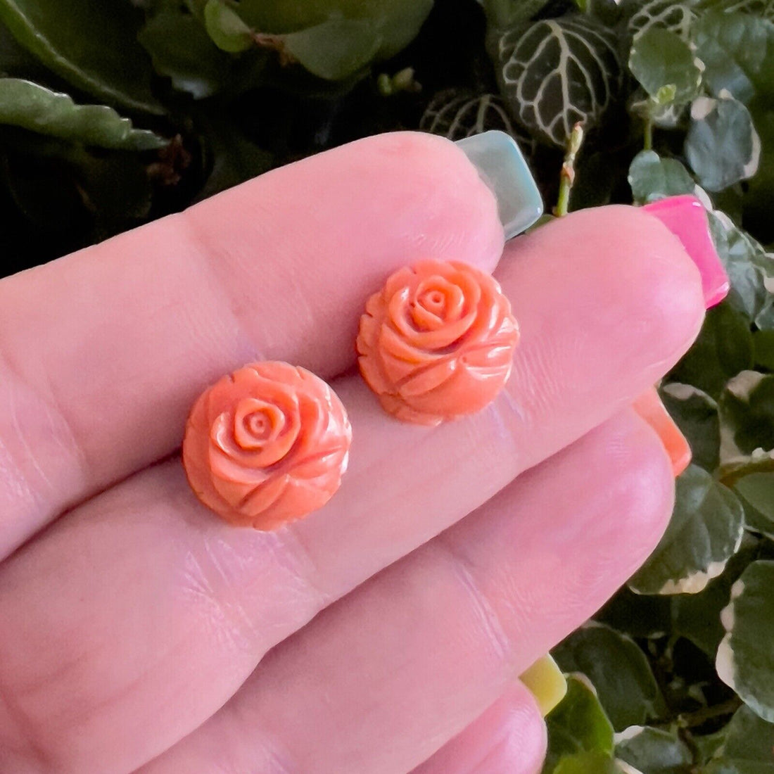 14k Gold Genuine Japanese Orange Coral Carved Rose Stud Earrings, New