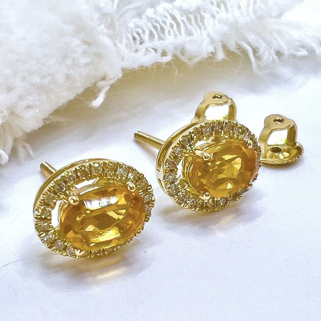 10k Yellow Gold Genuine Citrine & Diamond Halo Stud Earrings, New