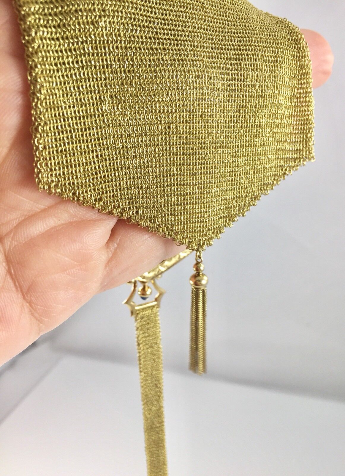 Antique Belle Epoque 18kt Solid Yellow Gold & Sapphire Hand Engraved Mesh Purse