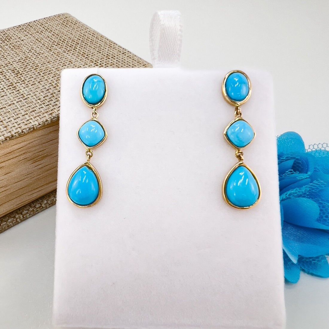 Natural Arizona Turquoise Solid 14k Yellow Gold Dangle/Drop Earrings, New