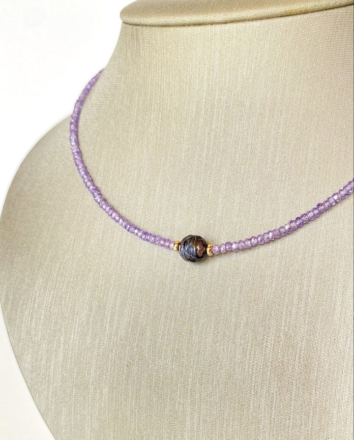 Amethyst Cubic Zirconia & Faceted Black Pearl 14k Yellow Gold Necklace New 15.5"