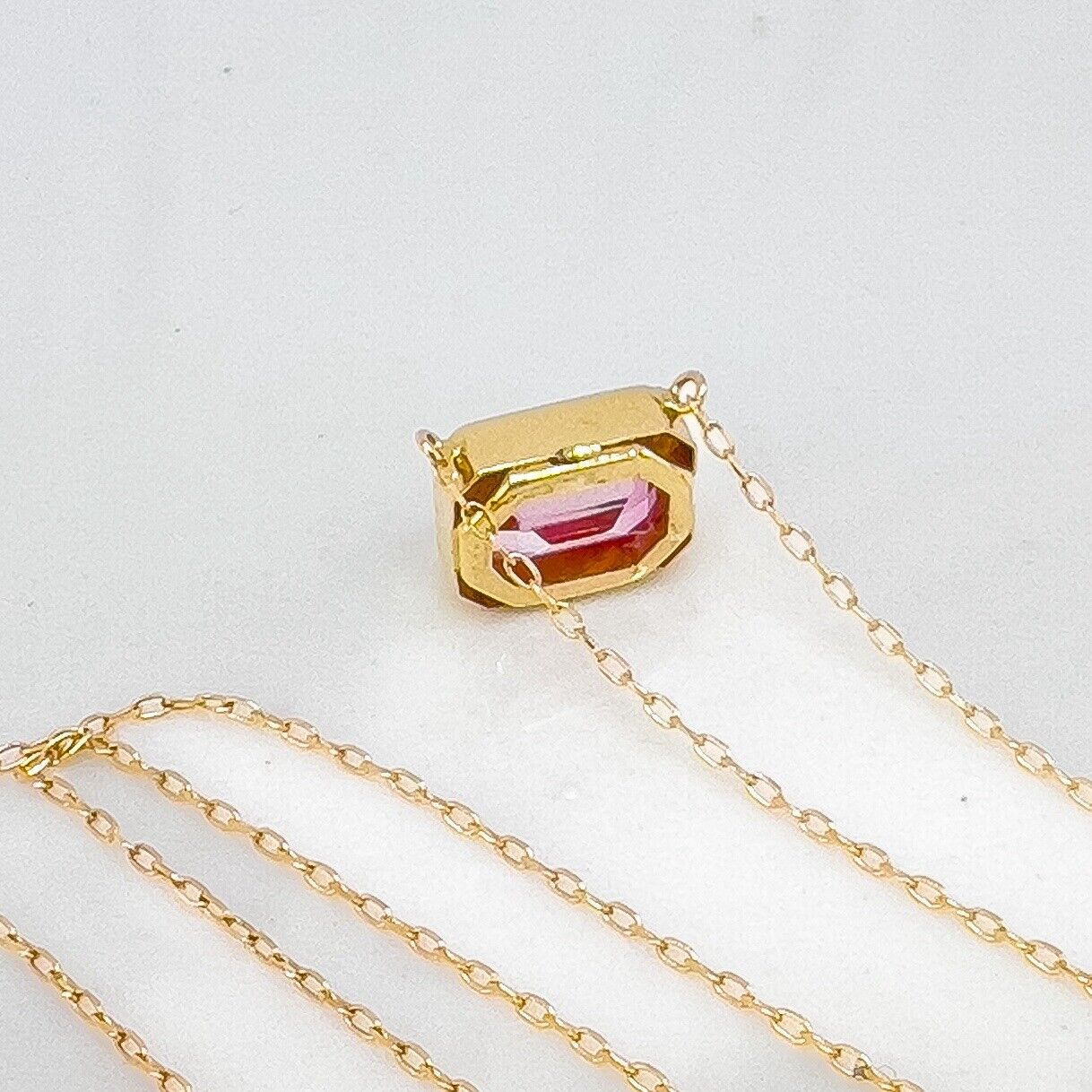 18k Yellow Gold Genuine Swiss Pink Topaz Pendant Necklace, New, Adjust. 16-18"