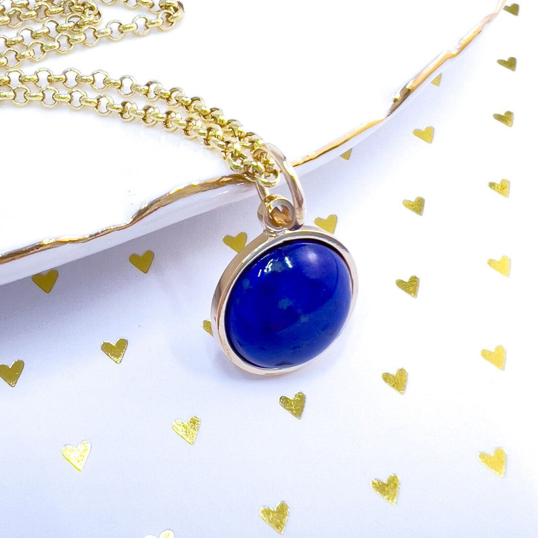 Natural Lapis Lazuli 14k Yellow Gold Round Pendant, Unisex, Handcrafted