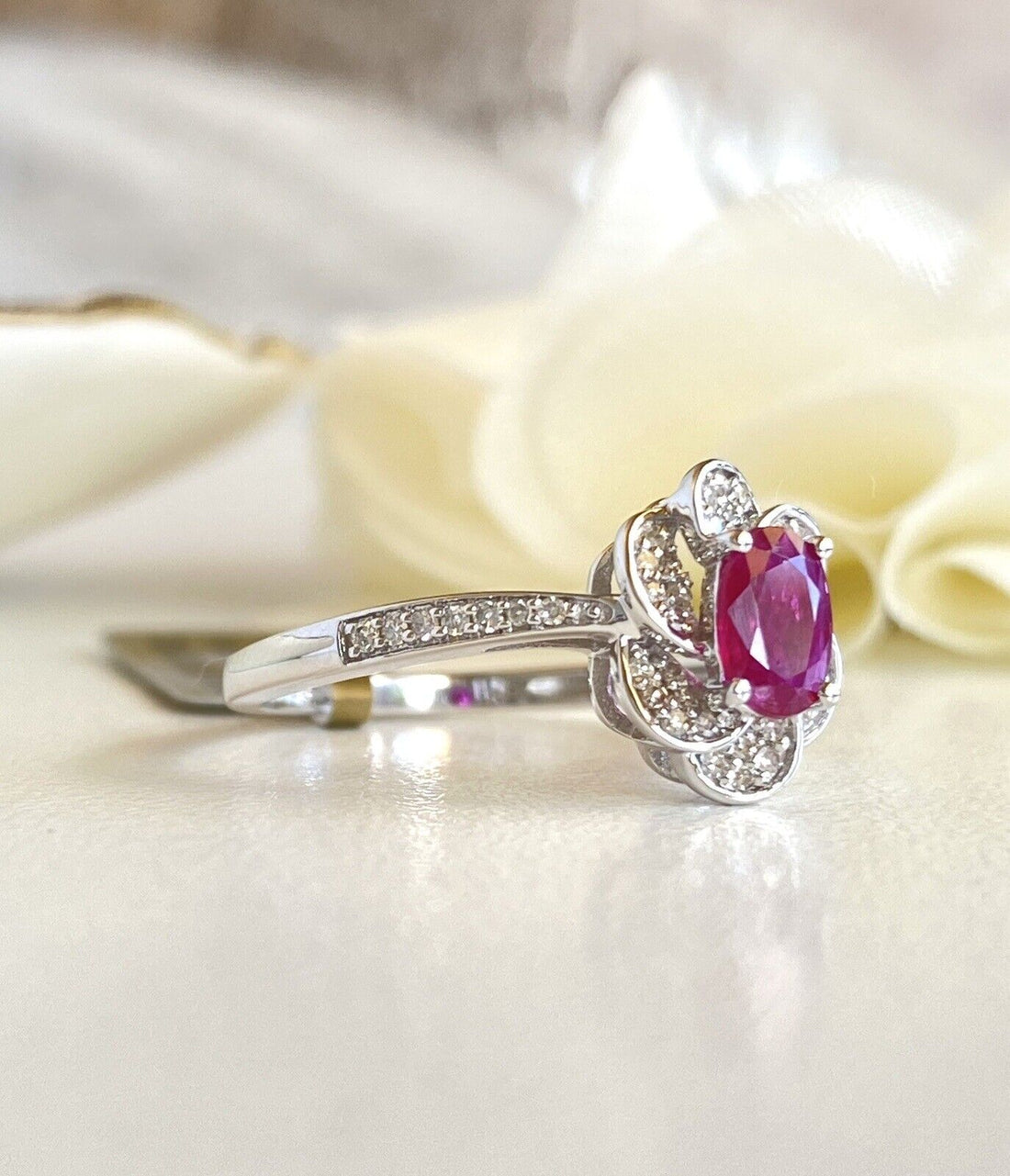 Genuine Ruby & Solid 14k White Gold Swirl Halo Ring, New, Size 7