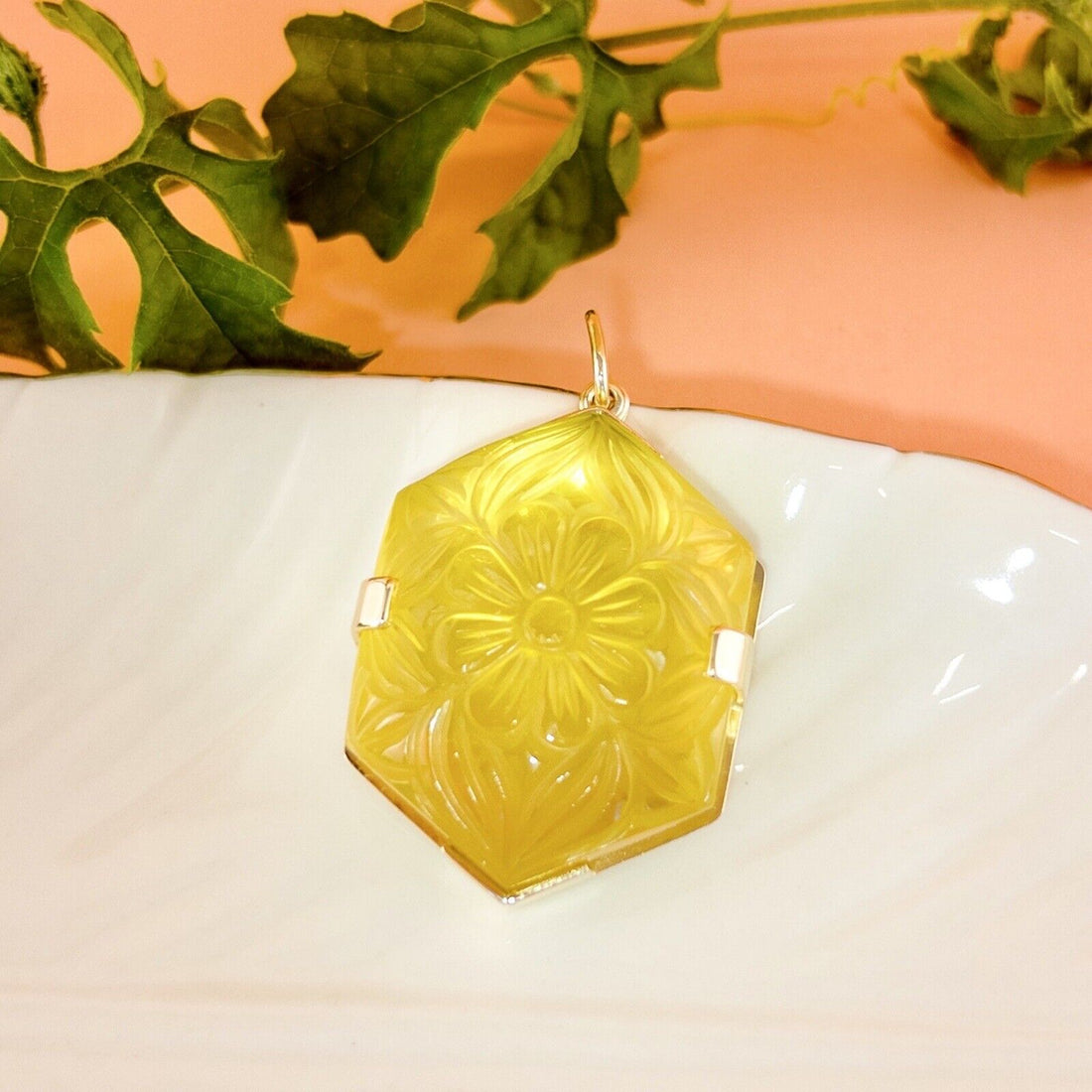 14k Yellow Gold Unique Hexagon Yellow Citrine Flower Carved Statement Pendant, N