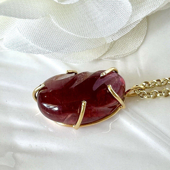 Solid 14k Yellow Gold Natural Smooth Red Tourmaline (16ct) Nugget Pendant, New