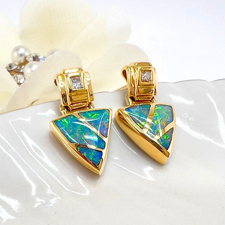 14k Yellow Gold Genuine Opal Inlay & Diamond Dangle Earrings