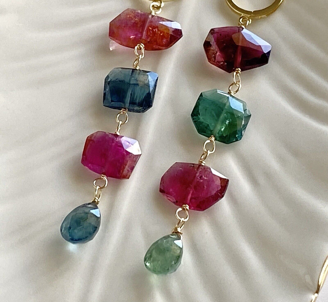 Genuine Tourmaline (21.5ct) & 14k Yellow Gold Dangle Huggie Earrings, New