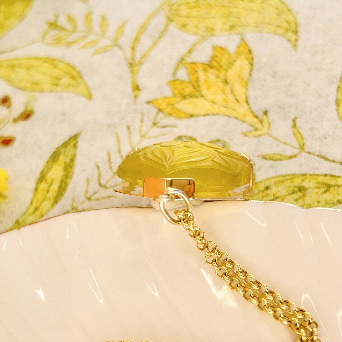 14k Yellow Gold Unique Hexagon Yellow Citrine Flower Carved Statement Pendant, N