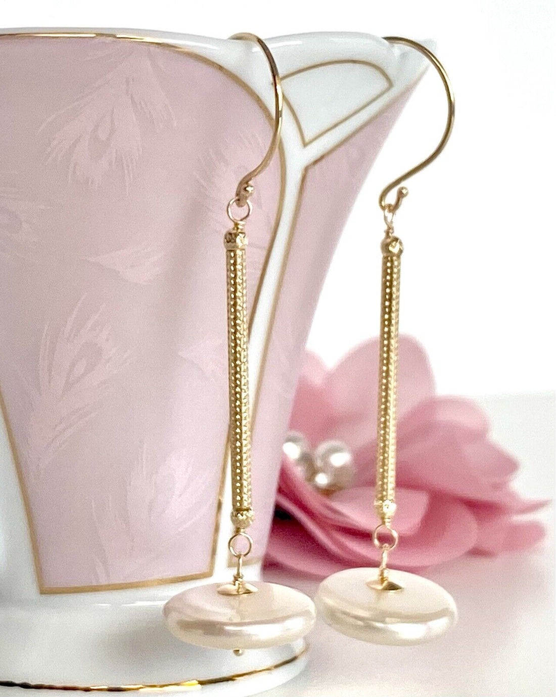 Unique Large Coin Pearl & Solid 14k Yellow Gold Dangle Earrings, New, 2.48"