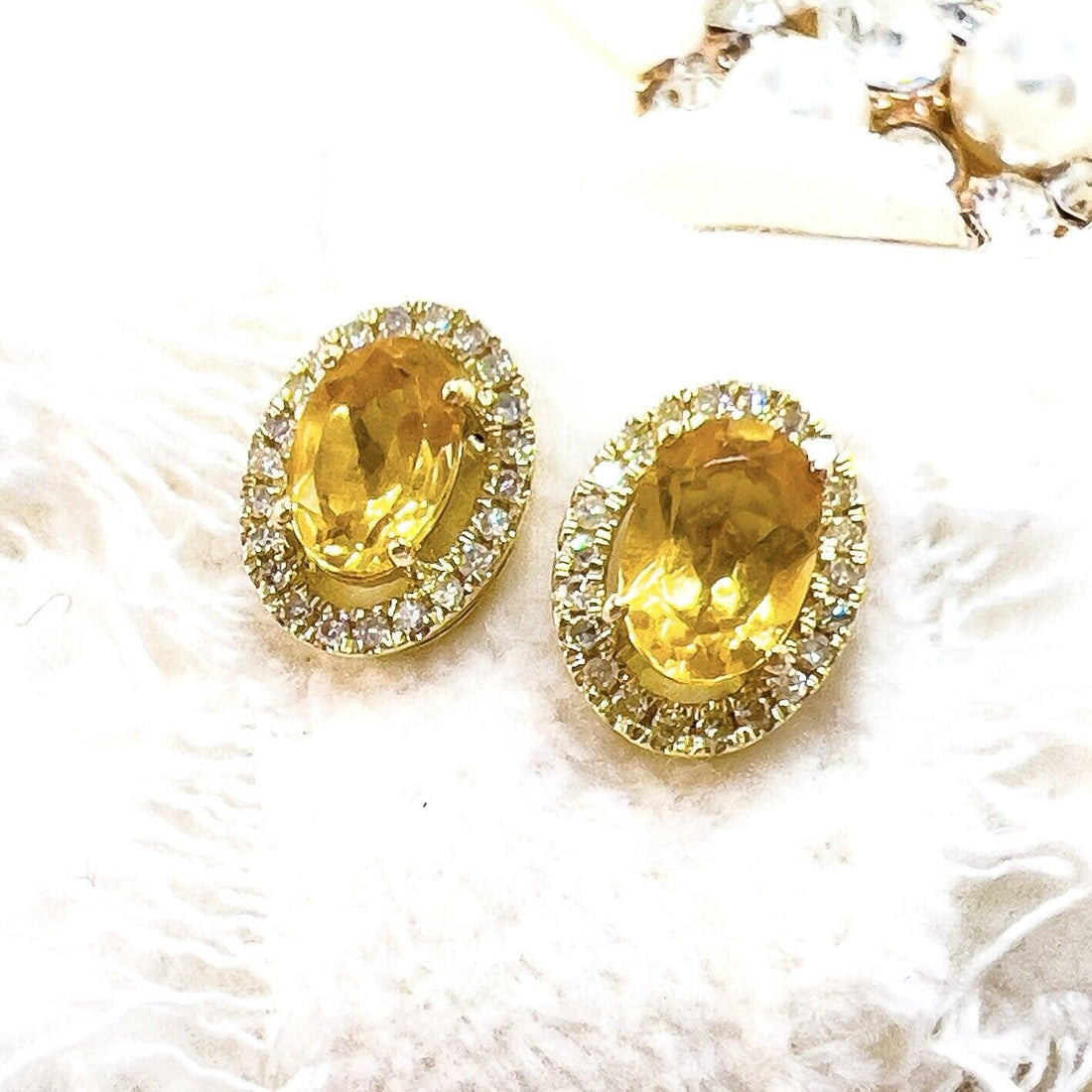 10k Yellow Gold Genuine Citrine & Diamond Halo Stud Earrings, New