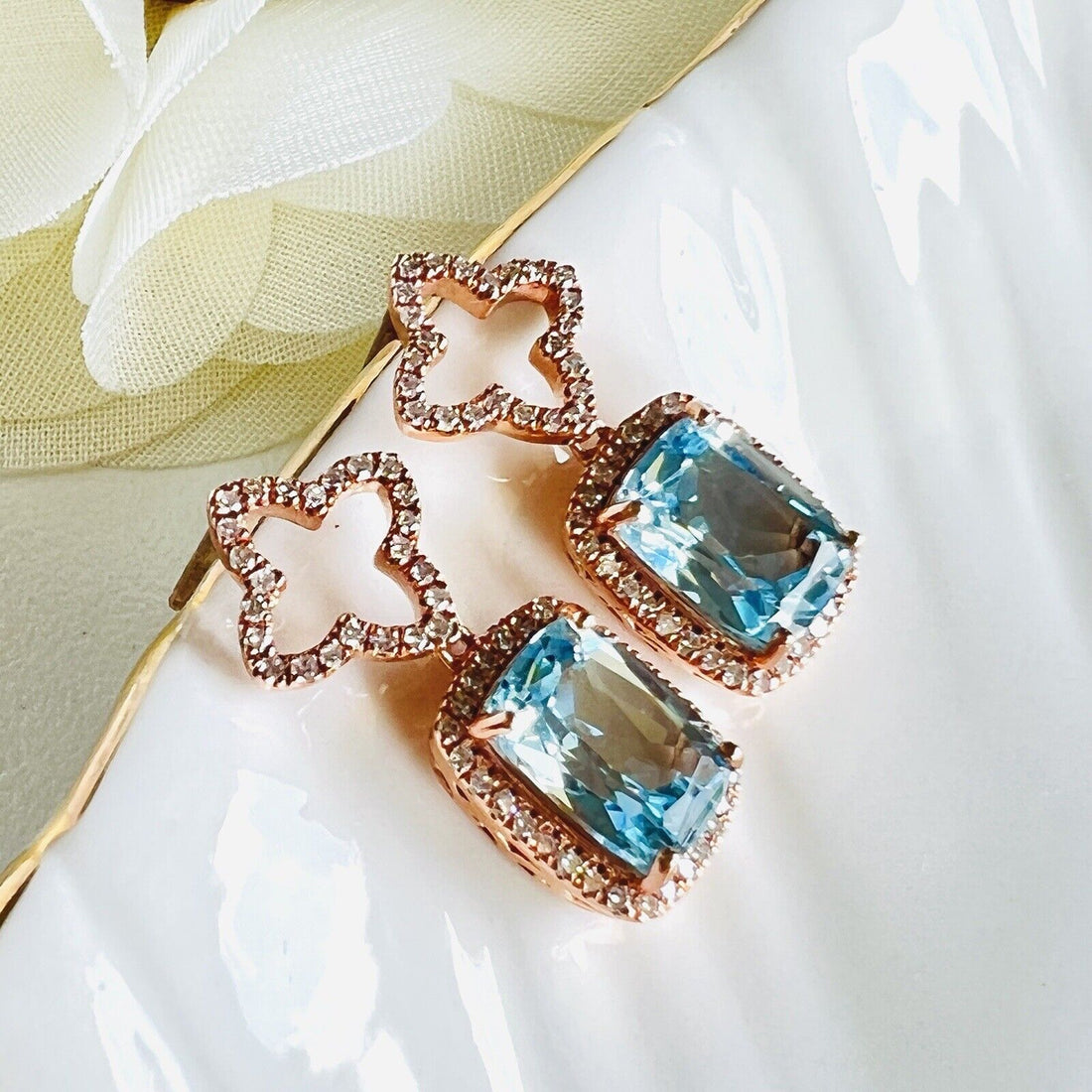 Solid 10k Rose Gold, Sky Blue Topaz & Diamond Clover Dangle/Drop Earrings, New