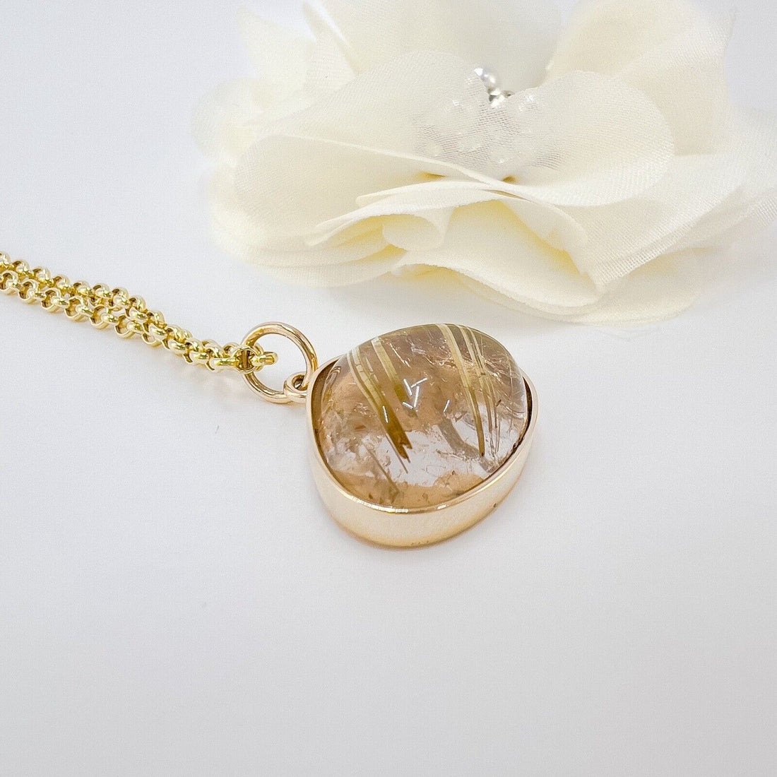 Genuine Rutilated Quartz Solid 14k Yellow Gold Drop Pendant, Newly Handcrafted