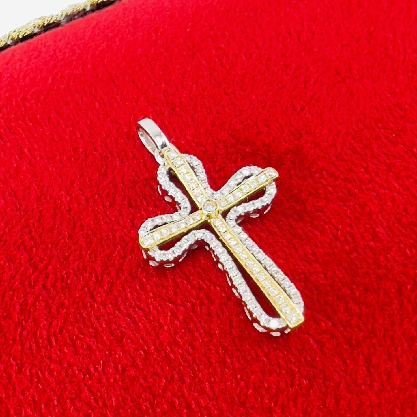 Solid 14k Two-Tone Gold & Genuine Diamond Cross Pendant, New 1.2”