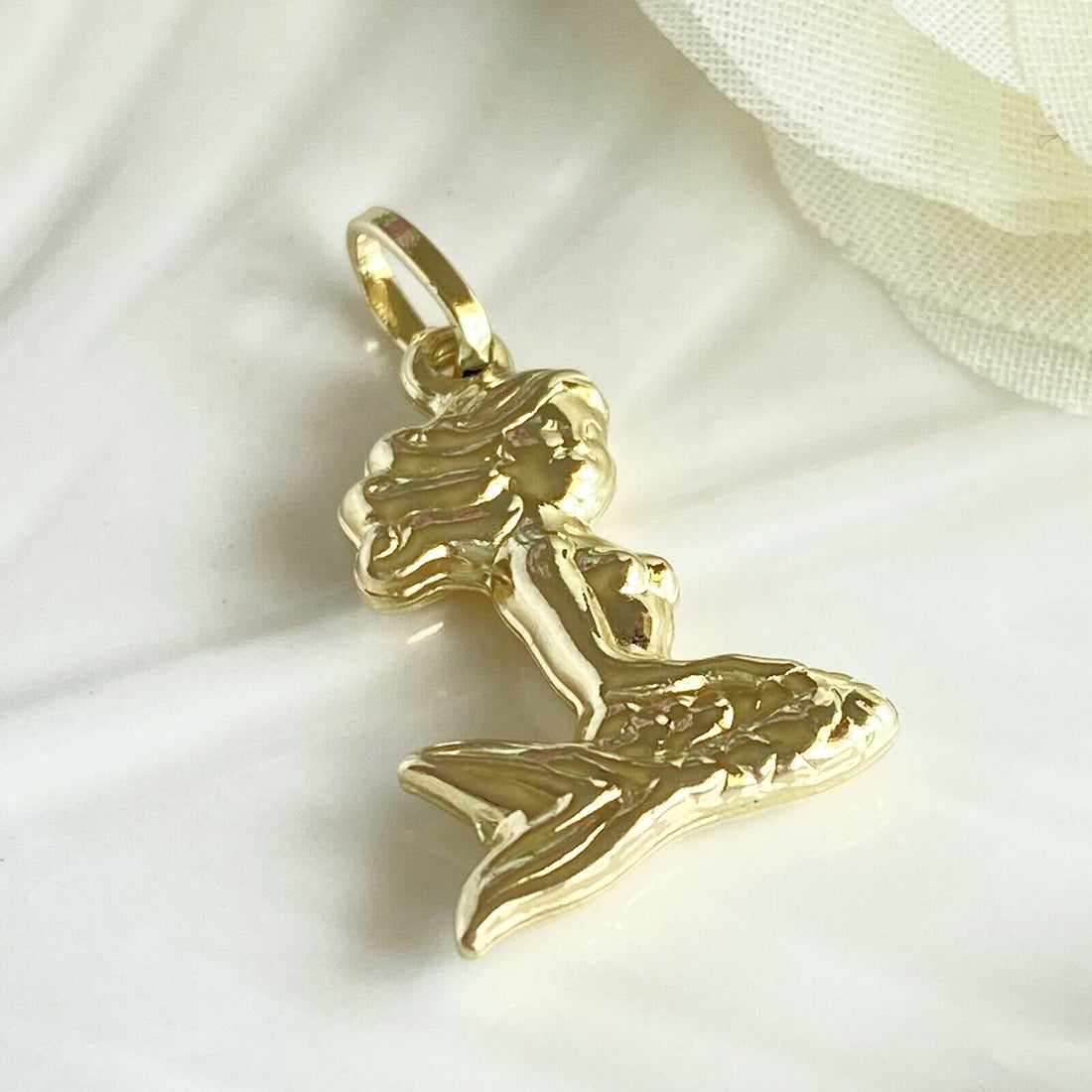 Adorable 14k Yellow Gold Puffy 3D Mermaid Pendant, New, 1.08"