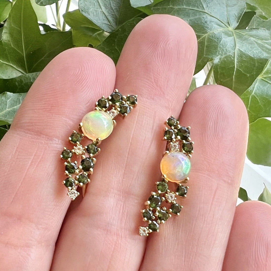 10k Yellow Gold Ethiopian Opal & Chrome Diopside Earrings, New