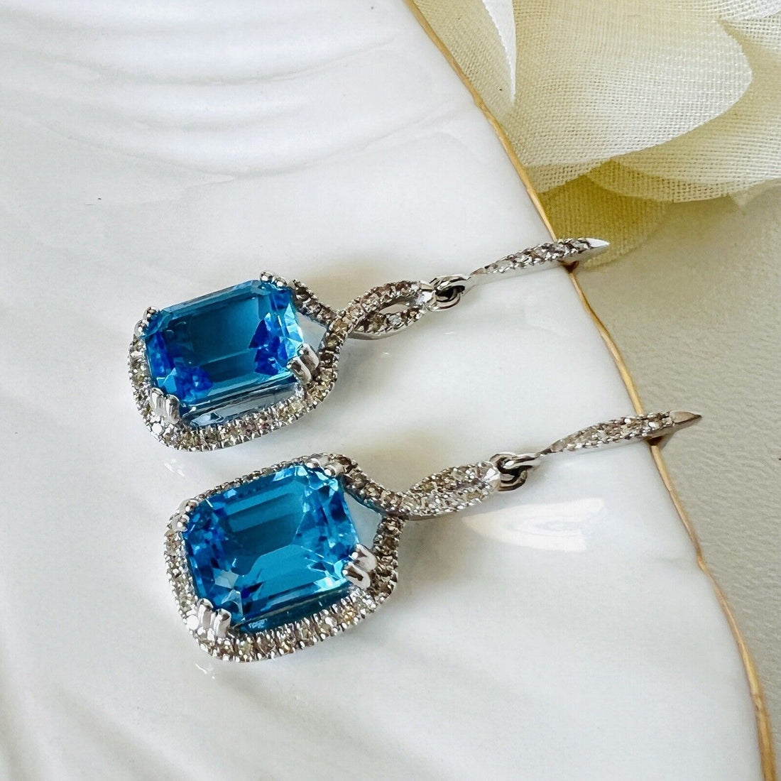 Gorgeous Swiss Blue Topaz (5.60ct) & Diamond (0.40ct) 14k Dangle Earrings, New