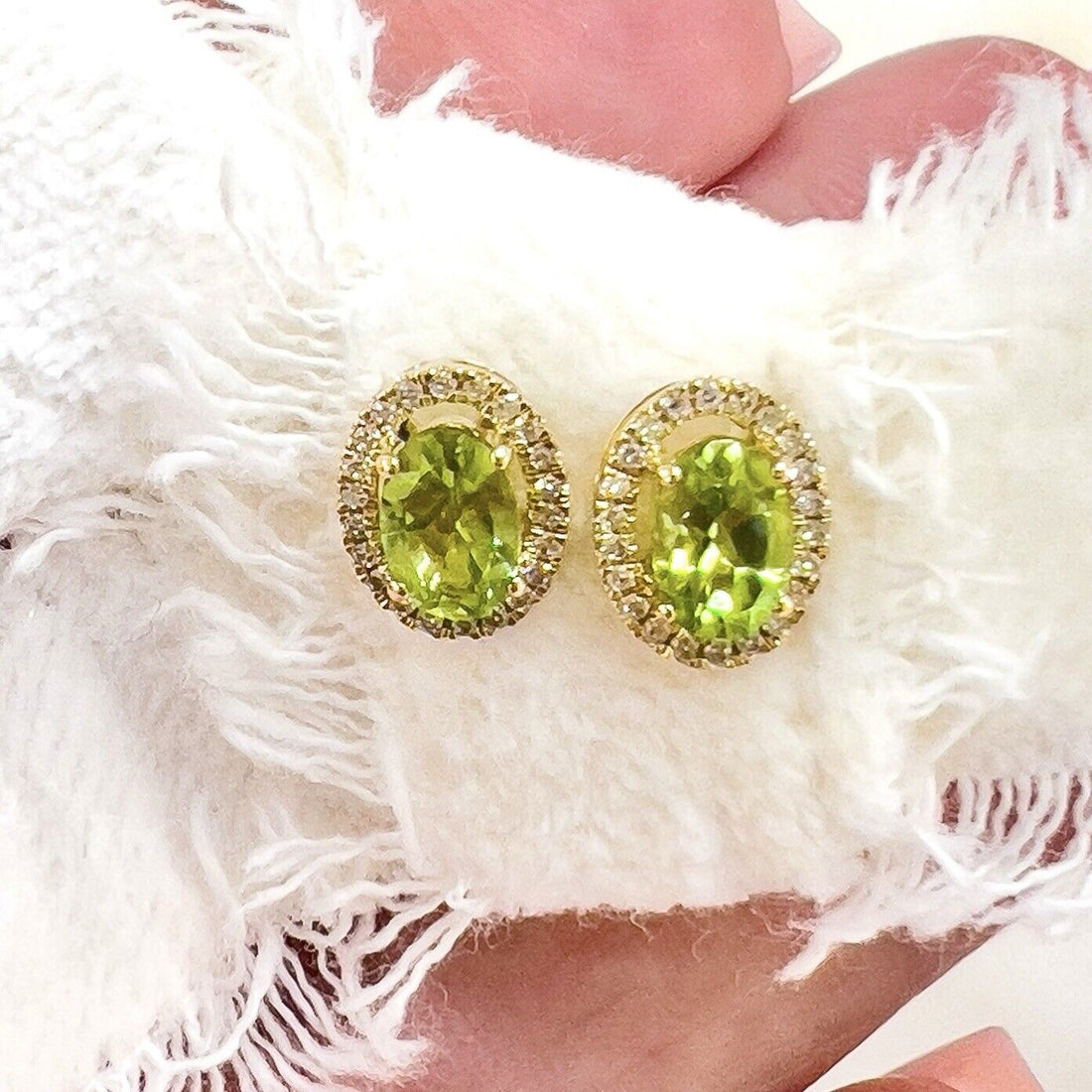 10k Yellow Gold Genuine Peridot & Diamond Halo Stud Earrings, New