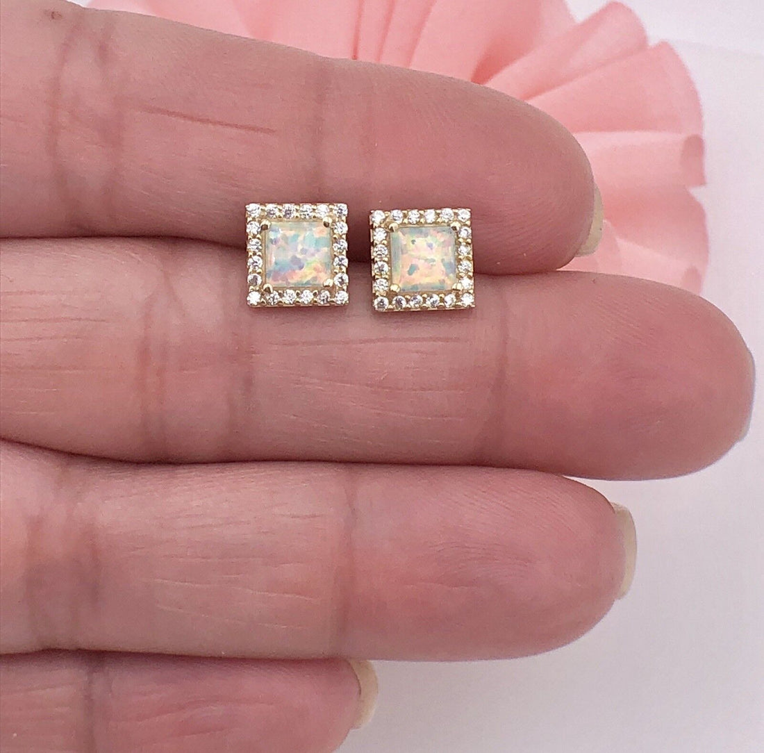 14K Yellow Gold, Opal & CZ Square Stud Earrings, New