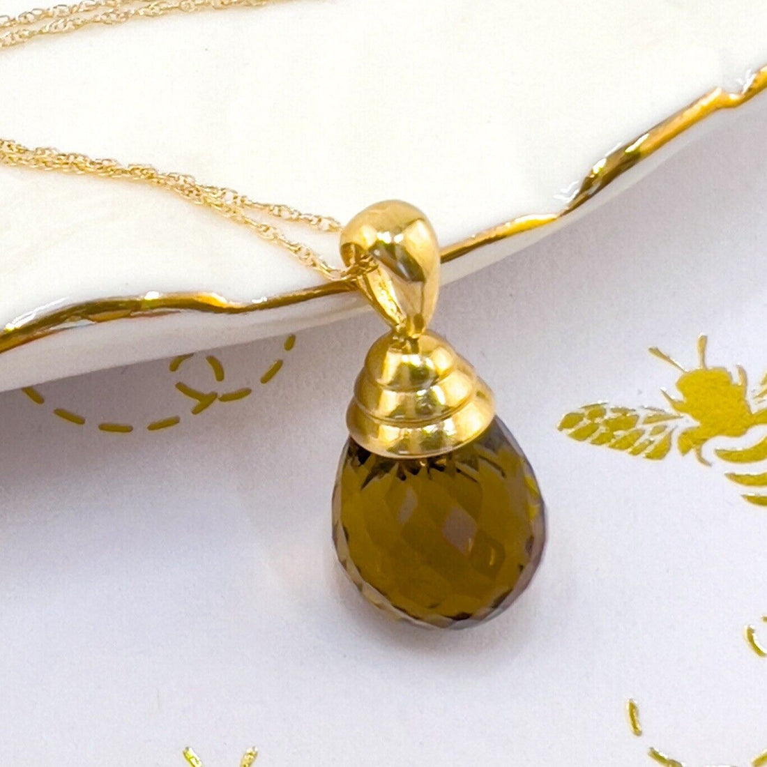 14k Yellow Gold Smoky Golden Citrine Drop Pendant Necklace, 18", New