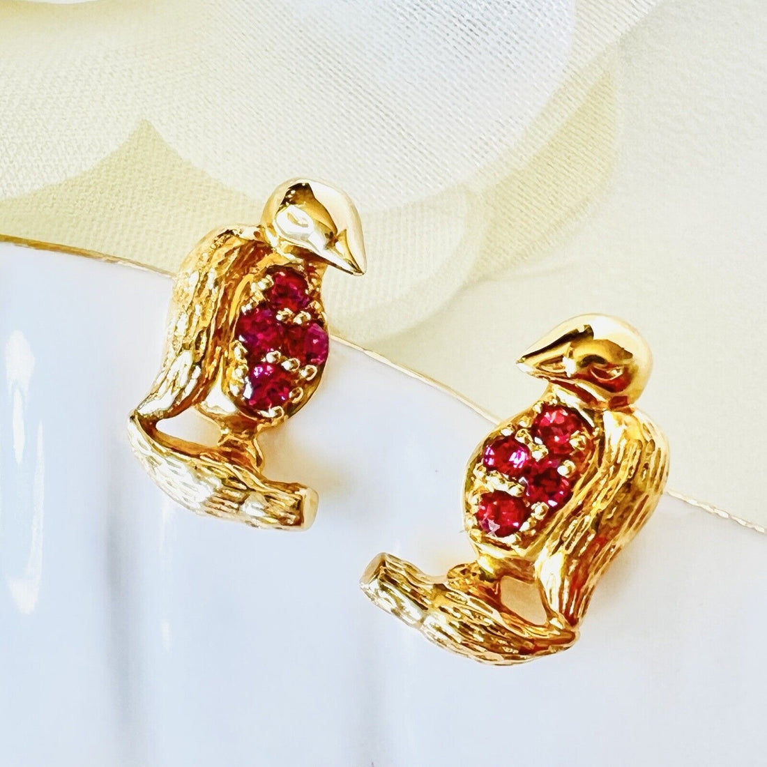 Solid 14k Yellow Gold Genuine Garnet Bird Stud Earrings, New