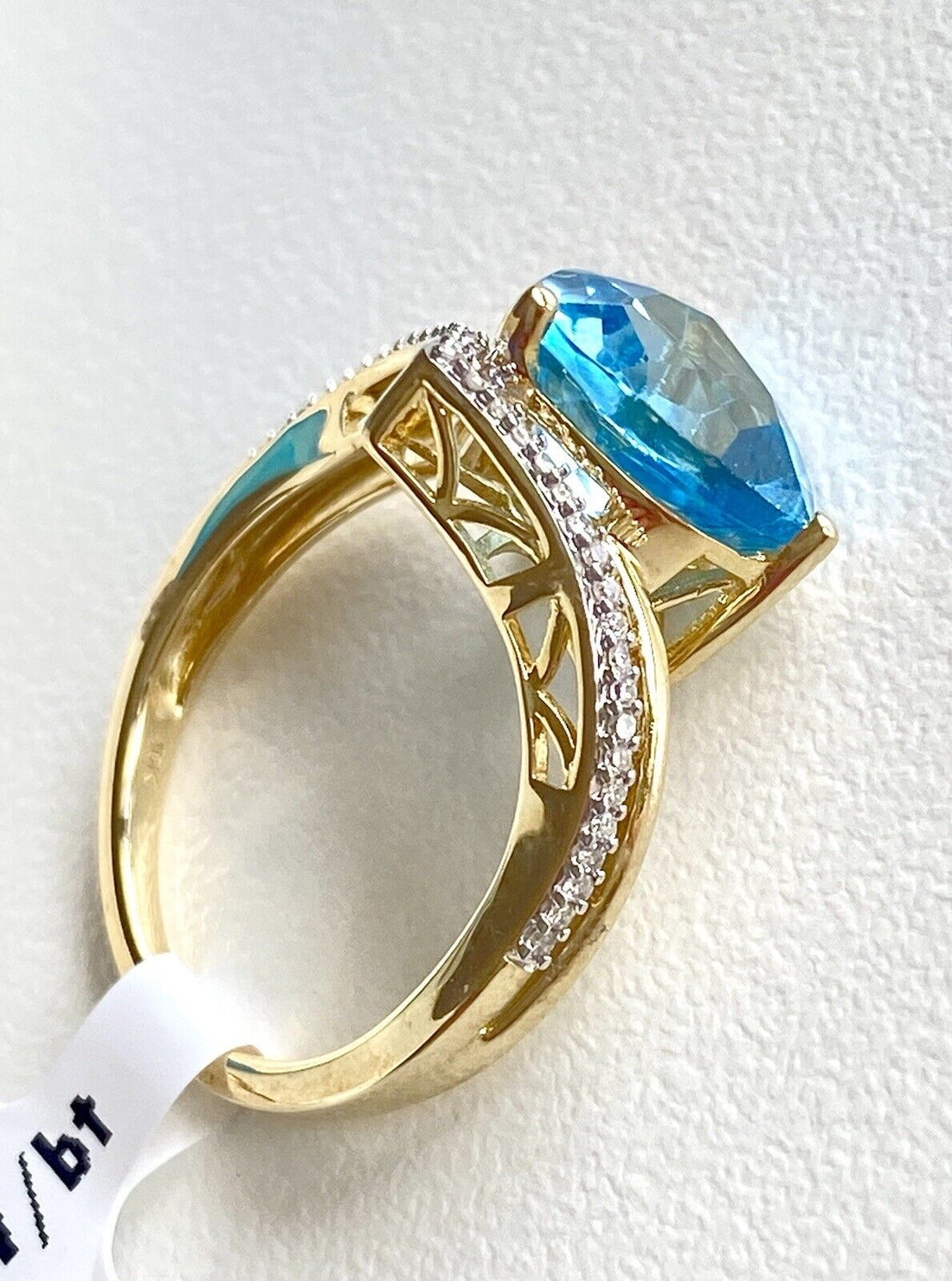 Genuine Blue Topaz Trillion & Diamond Solid 10k Yellow Gold Ring, New, Size 7