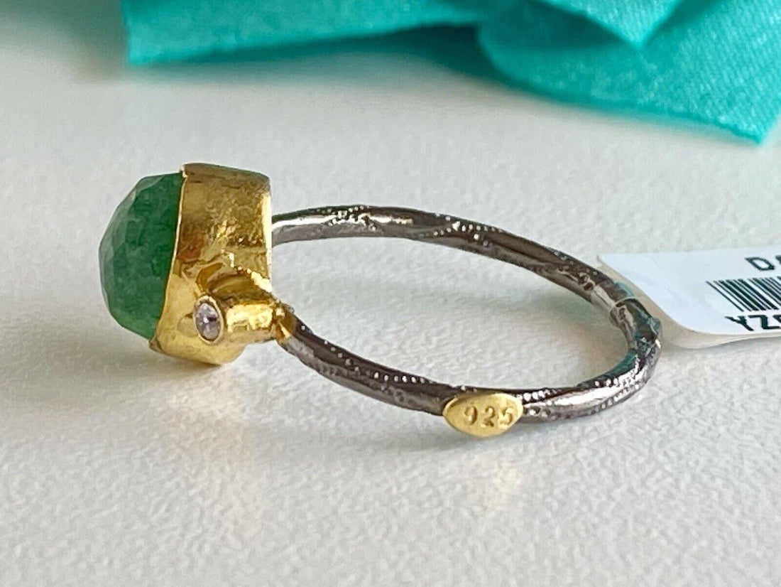 Antiqued Sterling Silver 22k Yellow Gold Green Quartz Ring Size 5/6.25