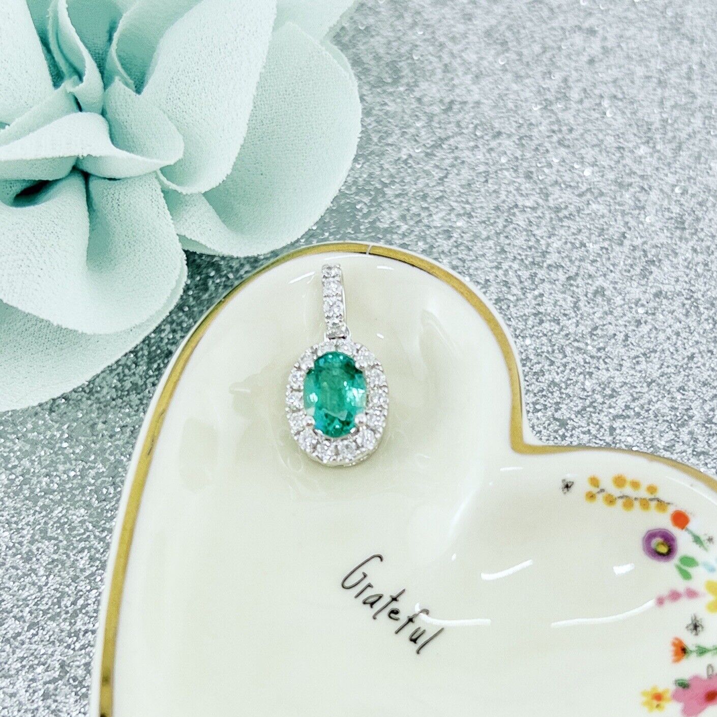 Solid 14k White Gold Genuine Colombian Emerald & Diamond Oval Pendant, New