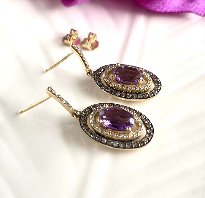 Solid 14k Yellow Gold Genuine Amethyst & Diamond Halo Dangle/Drop Earrings, New