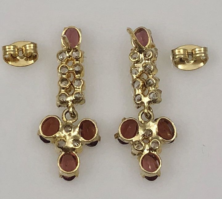 Genuine Pyrope Garnet & CZ Dangle Earrings 18kt Yellow Gold Overlay, 1" New