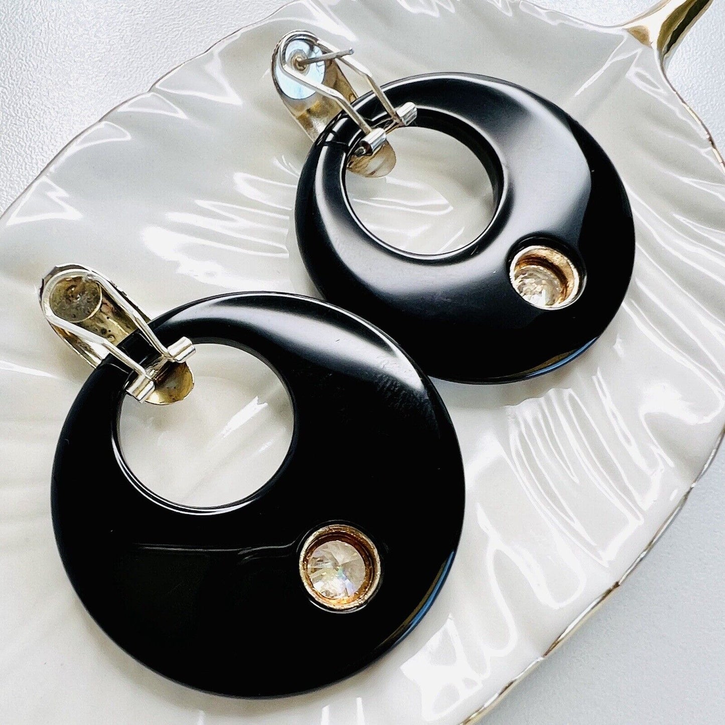 Vintage Sterling Silver Onyx & Cubic Zirconia Round Hoop Omega Dangle Earrings