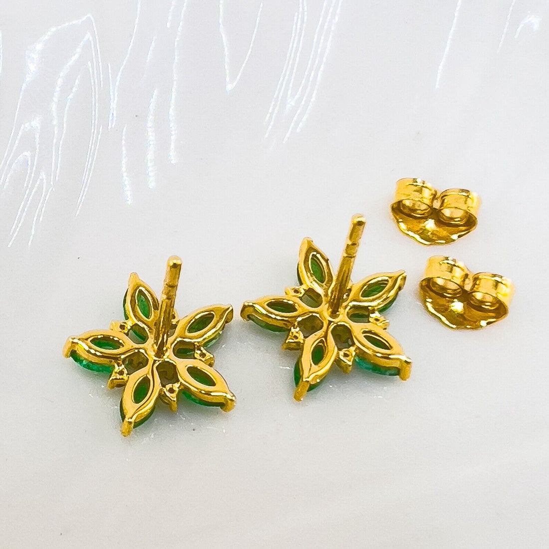 10k Yellow Gold Genuine Emerald & Diamond Star Stud Earrings, New