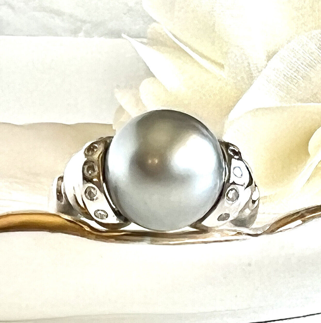 Top-Quality Tahitian Gray Pearl & Diamond Solid 14k White Gold Ring, New Sz. 7.5