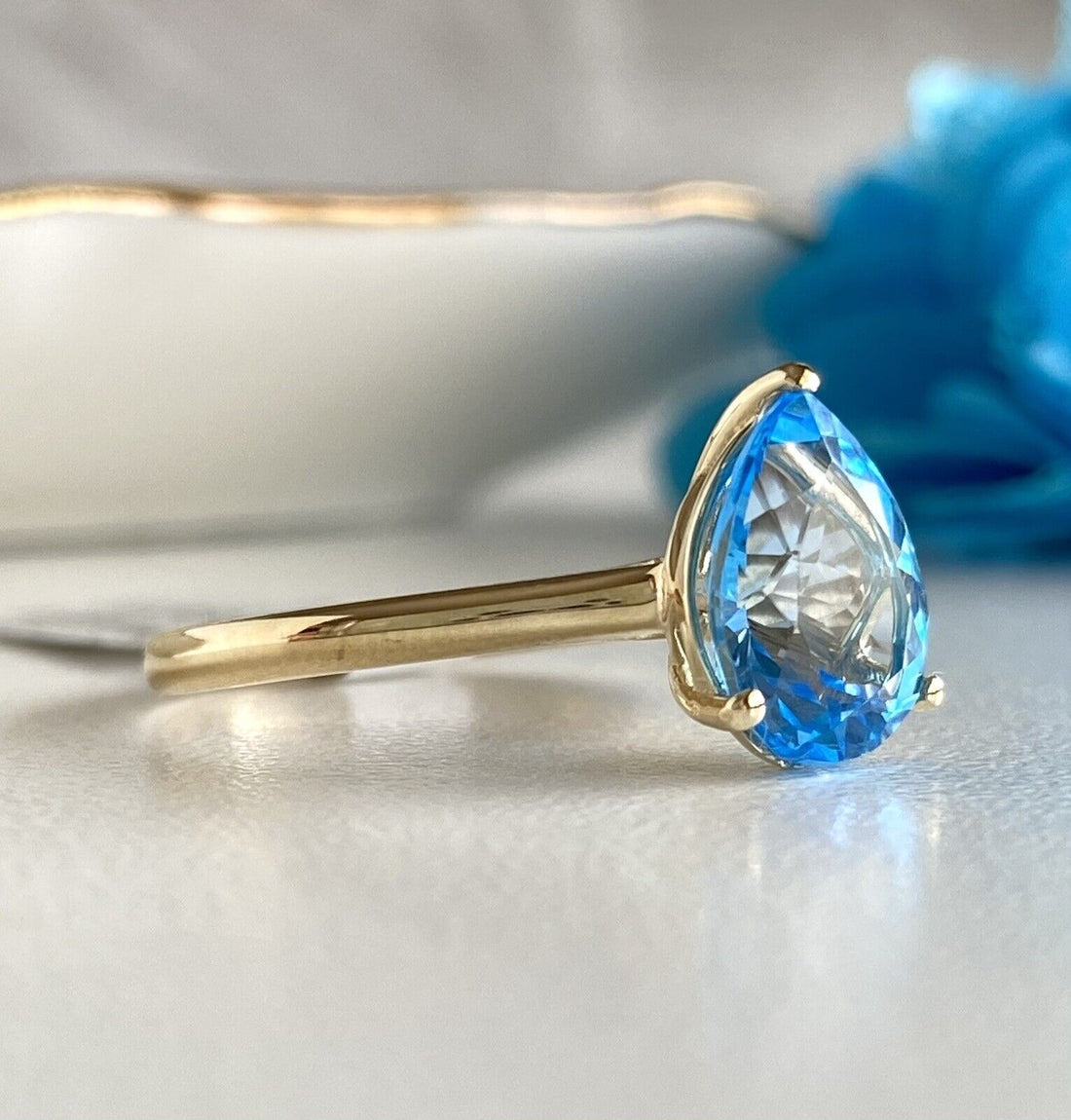 Solid 14K Yellow Gold and Genuine Swiss Blue Topaz Solitaire Ring, New