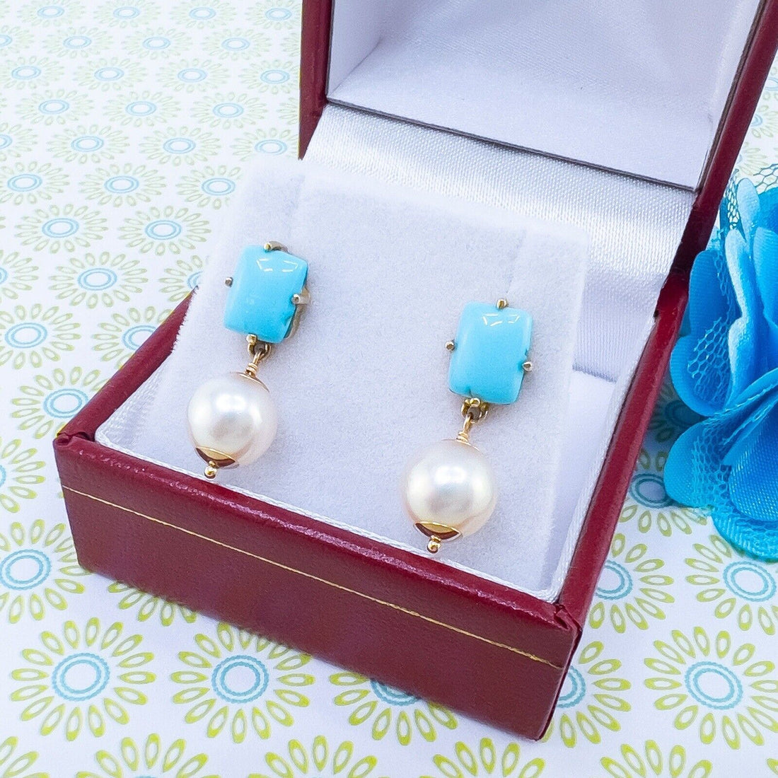 14k Yellow Gold Sleeping Beauty Turquoise & Akoya Pearl Dangle Earrings, New