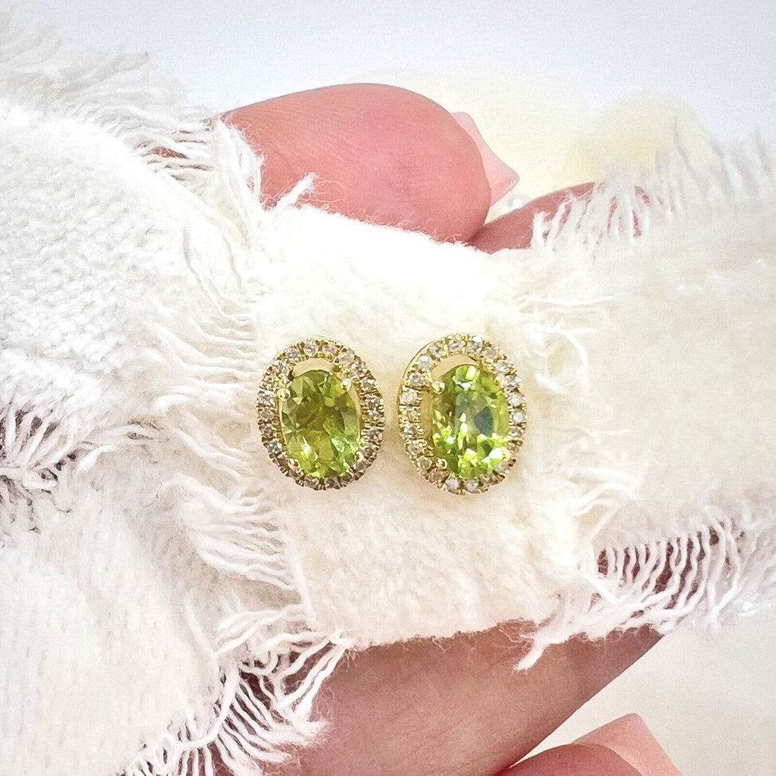 10k Yellow Gold Genuine Peridot & Diamond Halo Stud Earrings, New