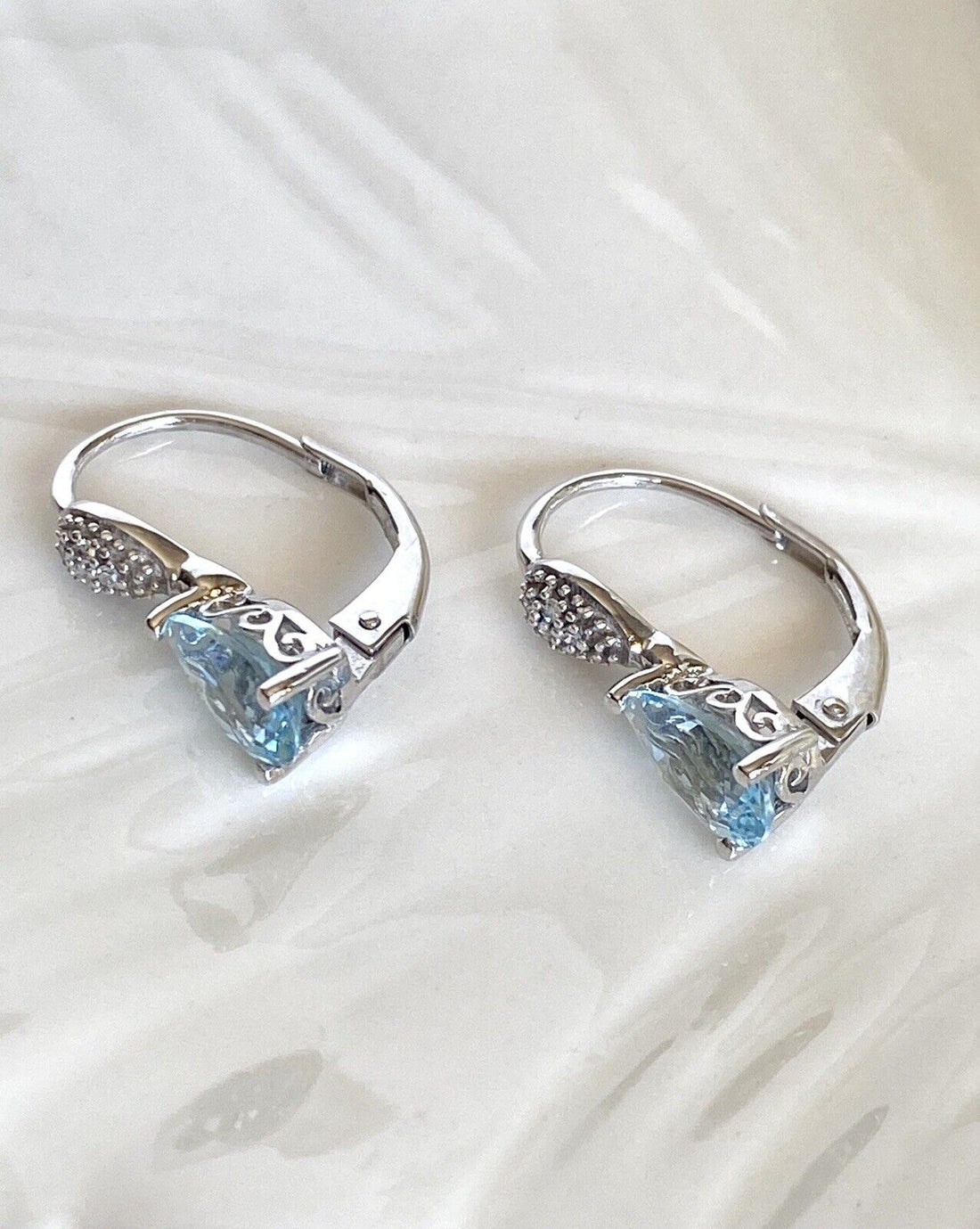 Genuine Sky Blue Topaz & Diamond 10k White Gold Dangle Leverback Earrings, New