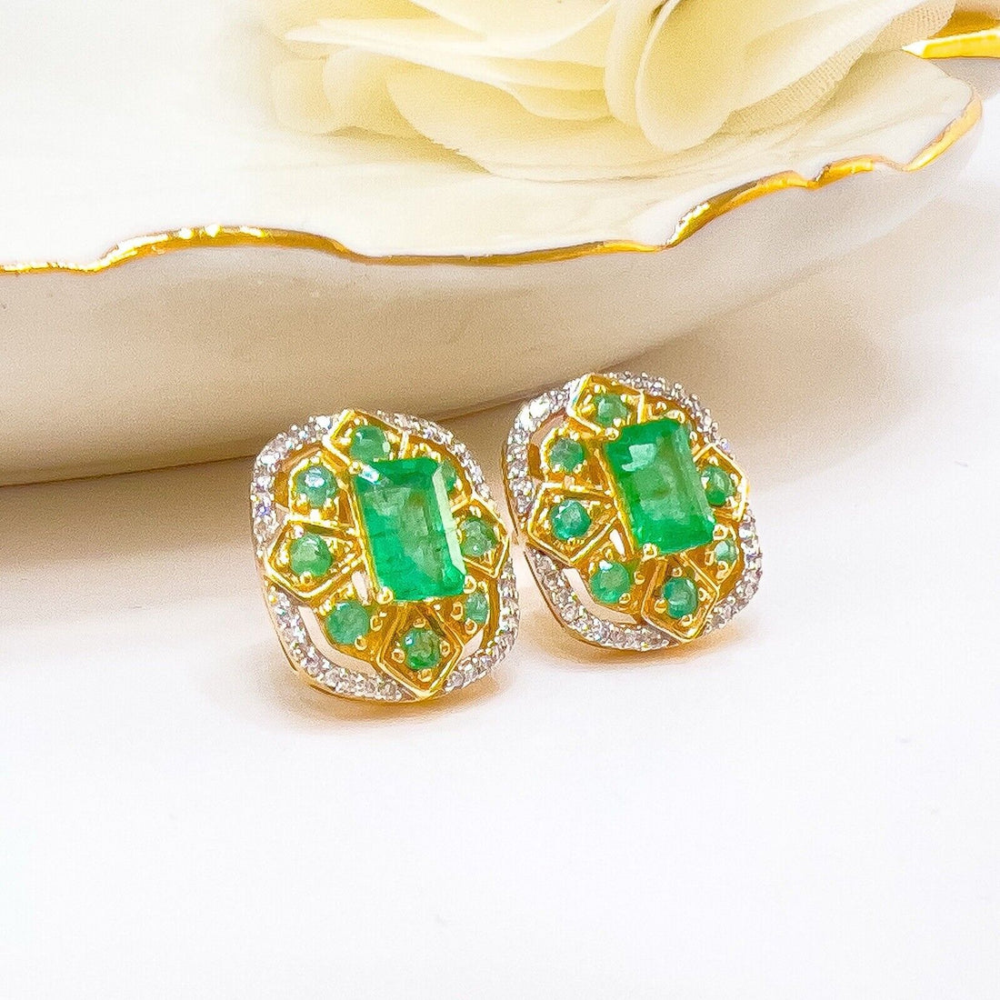 14k Yellow Gold Genuine Emerald & Diamond Stud Earrings, New